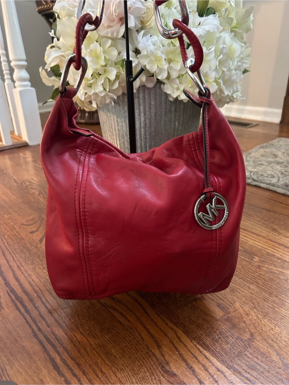Michael Kors Red buttery soft Leather Hobo Shoulder Bag silver hardware